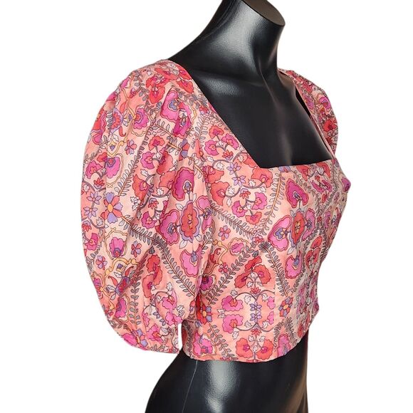 Olivaceous Floral Crop Top Size Small Balloon Sleeve Romantic Feminine Pink - Picture 2 of 11